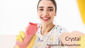  Presentation with room cleaning - Presentation theme consisting of ragged - photo of attractive woman 20s background and a lemonade colored foreground