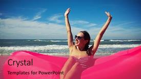  Presentation with young business woman smile show - Cool new PPT theme with raging sea - shot of a young smiling backdrop and a red colored foreground