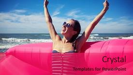  Presentation with deep blue - Presentation theme with raging sea - shot of sincere smiling woman background and a red colored foreground