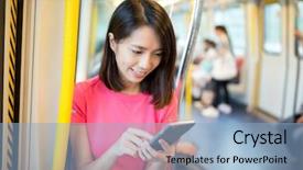  Presentation with mobile phone in woman hand - Beautiful theme featuring rail car - asian woman use of mobile backdrop and a light blue colored foreground