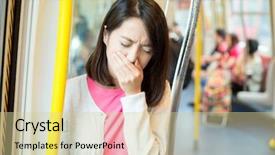  Presentation with train - Beautiful PPT theme featuring rail car - woman feeling sick inside train backdrop and a soft green colored foreground