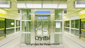  Presentation with elevator - Presentation design enhanced with rail gate - transparent elevator in subway platform background and a mint green colored foreground