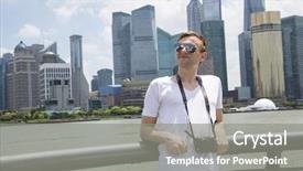  Presentation with financial center - Amazing slide deck having railing against shanghai world financial backdrop and a gray colored foreground