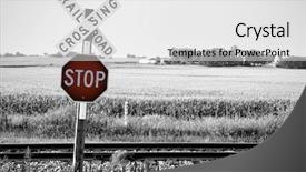  Presentation with railroad crossing railroad crossing sign - Presentation theme with railroad crossing with stop warning background and a light gray colored foreground