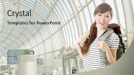  Presentation with happy smiling woman dental health - Presentation theme consisting of railroad free - happy smiling asian woman travel background and a  colored foreground