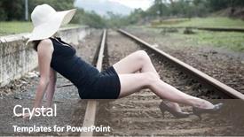  Presentation with railway tgv - Presentation theme consisting of railroad free - pretty girl sits on railway background and a gray colored foreground