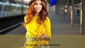  Presentation with railway - Audience pleasing theme consisting of railroad tracks - caucasian woman waiting backdrop and a gold colored foreground