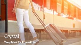 Presentation with electric train goes by rail - Cool new slide deck with rails - woman with her luggage go backdrop and a coral colored foreground