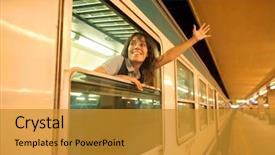  Presentation with train railway - Presentation theme with railway station - smiling woman greeting background and a gold colored foreground