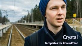  Presentation with traveler - Presentation design enhanced with railways - young male teenager traveler background and a wine colored foreground