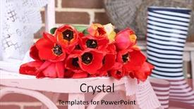  Presentation with tulips - Slide set having rain boots - bouquet of colorful tulips background and a  colored foreground