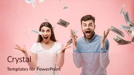  Presentation with joyful - Slides having standing under money banknotes shower background and a lemonade colored foreground