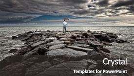  Presentation with bad weather - Audience pleasing presentation design consisting of rain clouds - man with umbrella on sea backdrop and a dark gray colored foreground