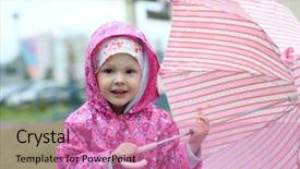  Presentation with rain - PPT theme featuring rain coat - little girl with pink umbrella background and a coral colored foreground