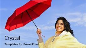  Presentation with red and yellow - Amazing PPT theme having rain coat - portrait of beautiful girl wearing backdrop and a light blue colored foreground