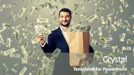  Presentation with raining money falling - PPT theme consisting of rain holding big paper bag background and a gray colored foreground