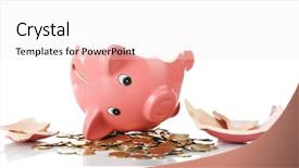  Presentation with piggy bank broken piggybank - Slide set having rain money - broken piggy bank isolated background and a sky blue colored foreground