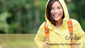  Presentation with rain forest walk way - Cool new PPT layouts with rain woman hiking happy backdrop and a yellow colored foreground