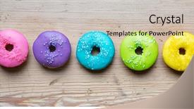  Presentation with donuts - Slide deck consisting of rainbow - colorful donuts in a row background and a soft green colored foreground