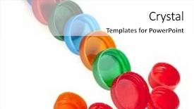  Presentation with plastic bottle - Slide deck having rainbow arrows - colorful plastic bottle caps isolated background and a white colored foreground