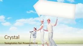  Presentation with happy image - Theme having rainbow arrows - image of happy young family background and a soft green colored foreground