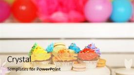  Presentation with children birthday - Theme enhanced with rainbow cake - prepared birthday table with sweets background and a lemonade colored foreground
