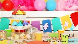  Presentation with children birthday - Slide deck featuring rainbow cake - prepared birthday table with sweets background and a yellow colored foreground