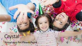  Presentation with party invitation for kids - PPT theme consisting of rainbow christmas - happy kids celebrating party background and a  colored foreground