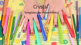  Presentation with manicure - Presentation theme having multicolor female manicure with stationery on bright background background and a coral colored foreground