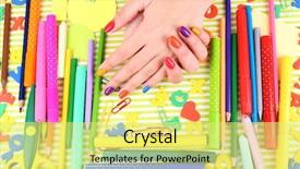  Presentation with manicure - Cool new presentation theme with multicolor female manicure with stationery on bright background backdrop and a yellow colored foreground