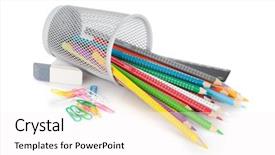  Presentation with pencils - Theme featuring pen holder red crayon - various colorful pencils and office background and a white colored foreground
