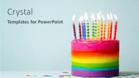  Presentation with rainbow birthday cake - PPT theme featuring rainbow-colored-birthday-cake background and a sky blue colored foreground