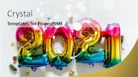  Presentation with 2021 - Beautiful slide deck featuring rainbow-colored-foil-balloons backdrop and a white colored foreground