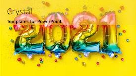  Presentation with new year - Colorful slide set enhanced with rainbow-colored-foil-balloons backdrop and a yellow colored foreground