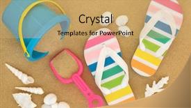  Presentation with beach rainbow - Beautiful presentation design featuring seashells and bucket and spade backdrop and a yellow colored foreground