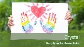  Presentation with concept - Slide deck consisting of rainbow hand-prints and heart background and a tawny brown colored foreground
