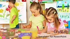  Presentation with painting - Beautiful presentation theme featuring rainbow kids - child painting at easel backdrop and a coral colored foreground