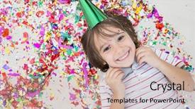  Presentation with red white blue confetti - Slides having rainbow kids - young boy blows out confetti background and a coral colored foreground