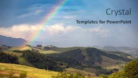  Presentation with green hills - Colorful PPT theme enhanced with rainbow-over-a-green-summer backdrop and a light blue colored foreground