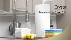  Presentation with kitchen towel - Slide deck featuring rainbow sponges paper towels gloves background and a  colored foreground