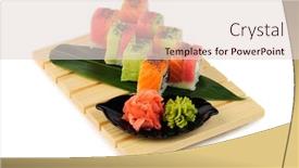  Presentation with sushi - Theme having rainbow sushi at wooden plate isolated on white background and a lemonade colored foreground