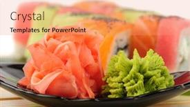  Presentation with ginger - Cool new theme with rainbow sushi at wooden plate focus at wasabi and ginger backdrop and a coral colored foreground
