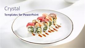  Presentation with philadelphia - Amazing slides having rainbow sushi rolls with salmon tuna eel philadelphia cheese and cucumber served on white flat plate asian menu for gourmets in luxury restaurant backdrop and a sky blue colored foreground