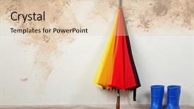  Presentation with boot camp boots - Audience pleasing PPT theme consisting of rainbow umbrella and rubber boots backdrop and a lemonade colored foreground