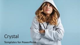  Presentation with creeper image - PPT layouts enhanced with raincoat with hood looking upward background and a light blue colored foreground