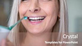  Presentation with dental floss - Colorful presentation design enhanced with rainfall - pretty middle aged woman brushing backdrop and a coral colored foreground