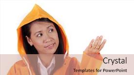  Presentation with rainfall - Colorful presentation theme enhanced with rainfall flood - asian female wearing raincoat checking backdrop and a  colored foreground