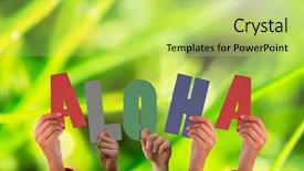  Presentation with aloha - Presentation design with raining letters - hands holding up aloha background and a yellow colored foreground