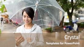  Presentation with rainy day - Colorful slide deck enhanced with rainwater - woman use of mobile phone backdrop and a coral colored foreground