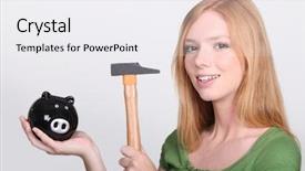  Presentation with piggy bank is evil - Presentation having rainy coins - young female holding piggy bank background and a  colored foreground